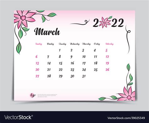 March 2022 Template Calendar 2022 Design Vector Image