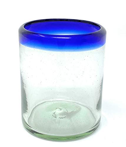 hand blown mexican drinking glasses set of 6 tumbler glasses with cobalt blue rims 10 oz each