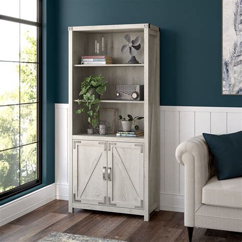 Cottage Grove Tall 5 Shelf Bookcase With Doors In Cottage White By Bush