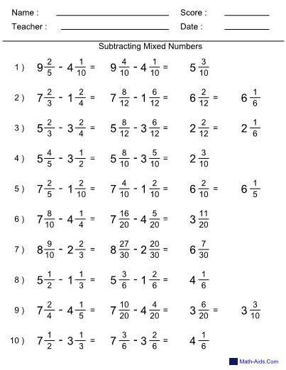 Subtraction With Mixed Numbers Worksheet