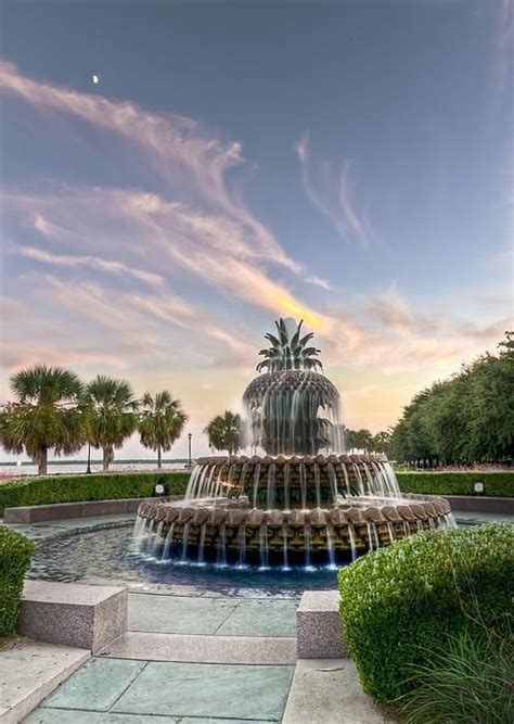 Pineapple Fountain Sunset Charleston Sc Fountain Charleston Sc