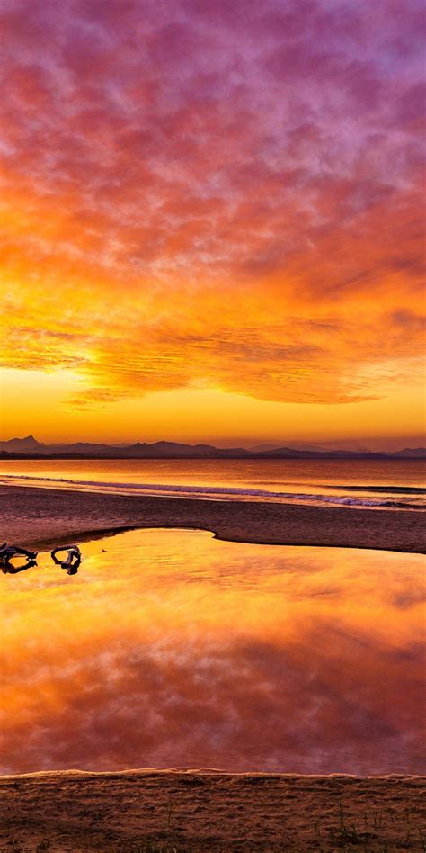 Download 1080x2160 Wallpaper Sunset Beach Orange Pink Skyline Clouds