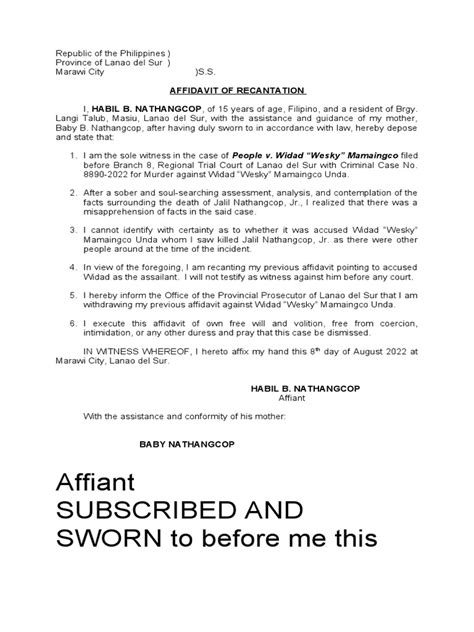Affidavit Of Recantation Habil Nathangcop Pdf