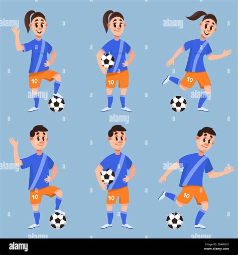 Set Of Soccer Players In Different Poses Male And Female Characters In