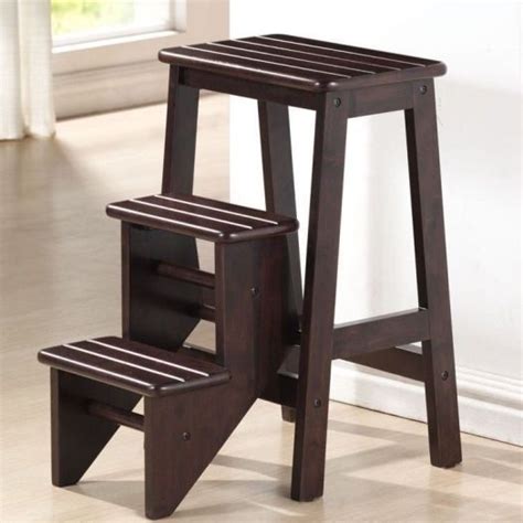 Brown Wooden Folding Step Stool Seat 3 Tier Platform Ladder Kitchen