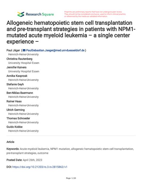 Pdf Allogeneic Hematopoietic Stem Cell Transplantation And Pre