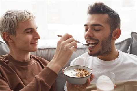 Happy Gay Couple Enjoying Breakfast Stock Image Image Of Male Love 213373369