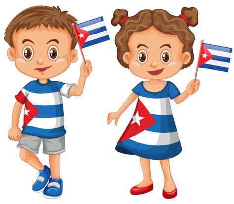 Feliz Niño Y Niña Sosteniendo La Bandera De Cuba Vector Gratis