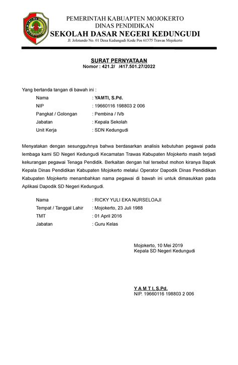 Surat Pernyataan Menambah PTK Dapodik - SURAT PERNYATAAN Nomor : 421