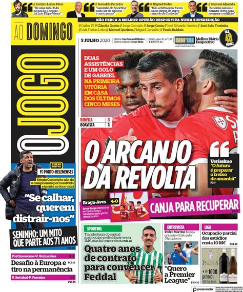 «não conseguimos impor o nosso jogo». Capa Jornal O Jogo - 5 julho 2020 - capasjornais.pt