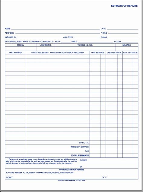Free Printable Auto Body Repair Estimate Forms Cst Service And Body