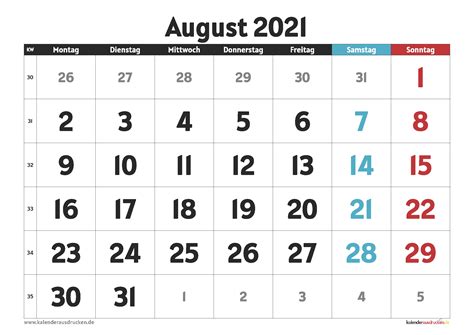Behalte dabei alle feiertage im überblick und lasse dir passende brückentage vorschlagen! Collect Kalender Monat August 2021 Zum Ausdrucken ...