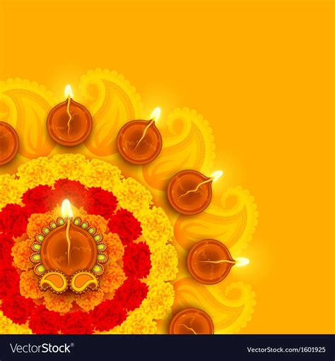 Decorated Diwali Diya On Flower Rangoli Royalty Free Vector