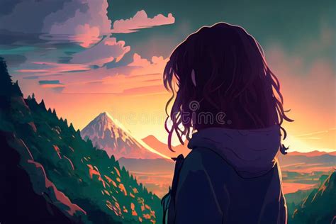 Anime Girl Admiring The Sunset Over The Mountains Generative Ai Stock