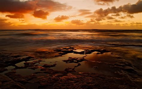 Shore Under Orange Sky Hd Wallpaper Wallpaper Flare