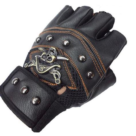 Bikight Skull Leather Skeleton Motorcycle Gloves Half Fingers Pirate