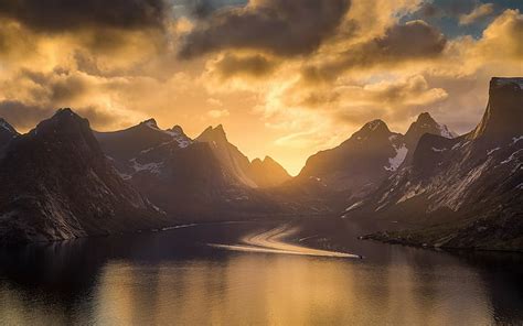 Hd Wallpaper Clouds Nature Mountains Snowy Peak Sky Sunset Fjord