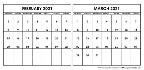 Printable Calendar February March 2021 2021 Calendar February March