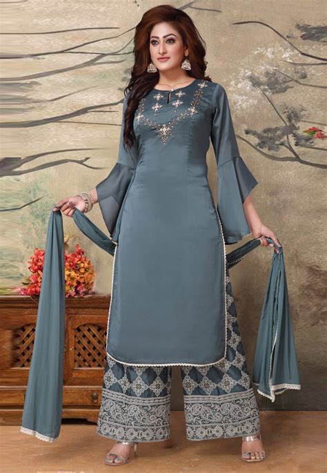 Buy Gray Satin Readymade Palazzo Suit 192645 Online At Lowest Price