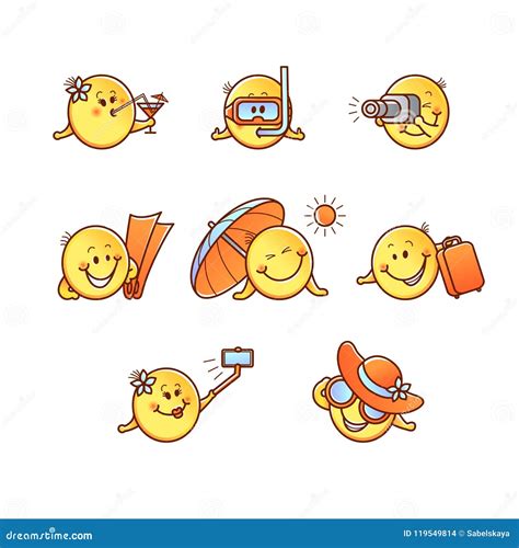 Summer Beach Vacation Smiley Set Emoticons With Various Face Emotions