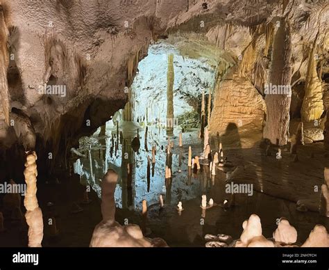 Inner Lake In Karst Cave With Stalactites And Stalagmites Limestone