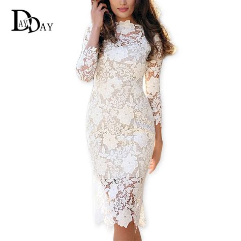 Clearance Designer Women White Lace Dress Bodycon Floral Lace Crochet Long Sleeve Midi Pencil