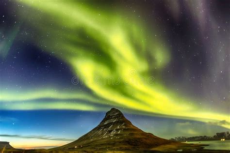 Northern Light Aurora Borealis At Kirkjufell Iceland With Fully Stock
