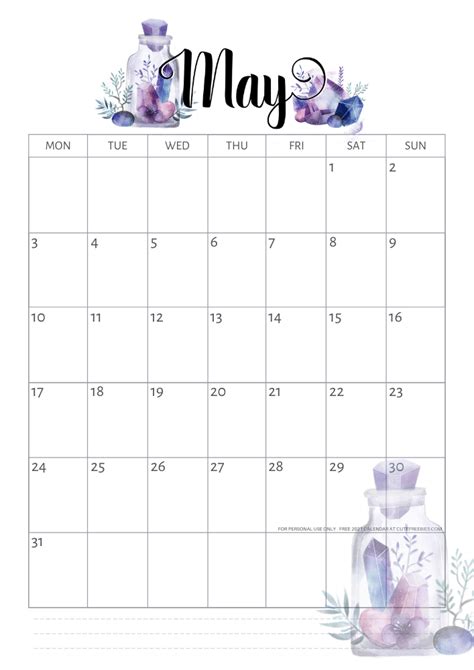 May 2021 Calendar Printable Crystals Cute Freebies For You