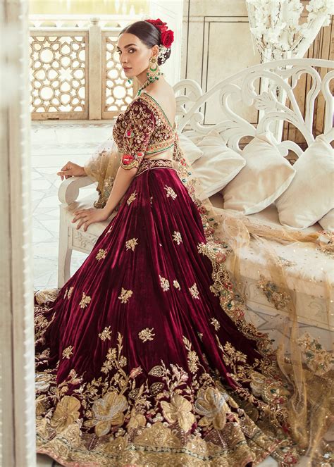 Buy Pakistani Bridal Maroon Velvet Lehnga Dress Online Nameera By Farooq