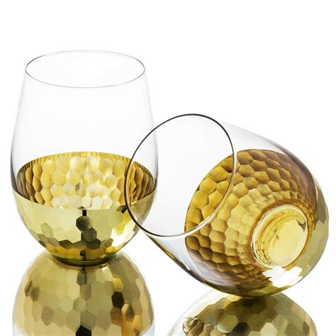 Myt 4 Piece Modern Stemless Wine Glasses With Hammered Brass Metal