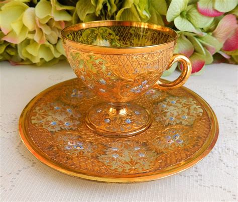 Gorgeous Moser Bohemian Glass Cup And Saucer ~ Gold Gilt ~ Enamel Flowers 1 Glass Cup Bohemian