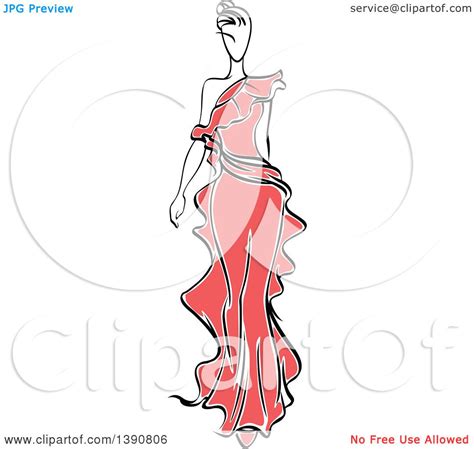 Clipart Of A Sketched Faceless Woman Modeling A Red Dress Royalty Free Vector Illustration By