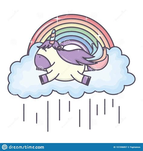Cute Adorable Unicorn With Clouds Rainy And Rainbow Stock Vector