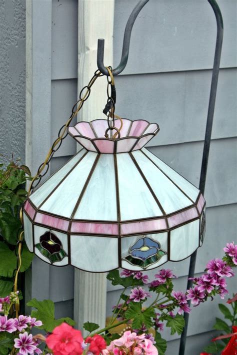 Vintage White And Pink Stained Glass Swag Lamp By Queenieseclectic