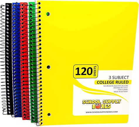 College Ruled 3 Subject Spiral Notebooks 5pk School