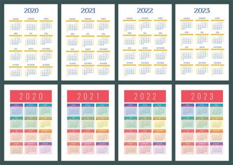 Calendar 2020 2021 2022 Years Colorful Vector Set Week Starts Stock