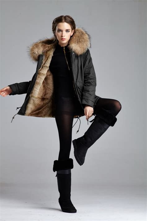 Mrs Fur Natural Big Real Fur Collar Jacket For Sexy Girl Warming Coat Jacket Black Parka For