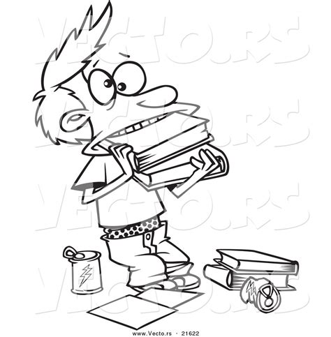 Vector Of A Cartoon Boy Cramming Books In His Mouth Outlined Coloring