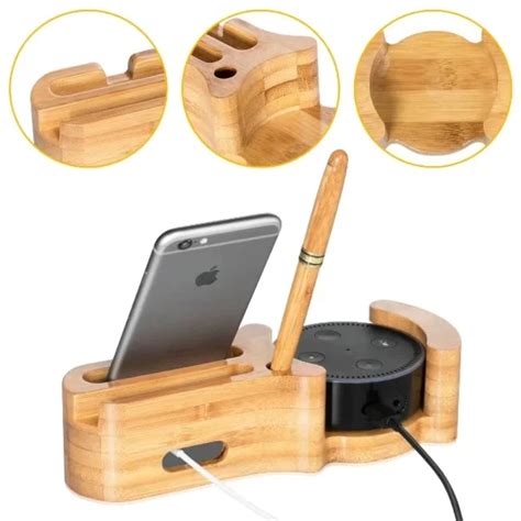 Multifunctional 4 In 1 Natural Bamboo Wood Stand For Amazon Echo