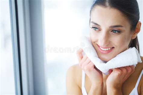 Face Washing Happy Woman Drying Skin With Towel Stock Photo Image Of