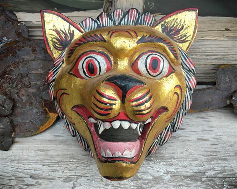 Wooden Mask Tiger With Big Eyes Balinese Folk Art Indonesia Mask Wall