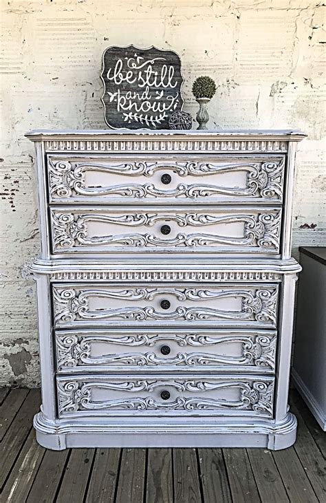 Grey Carved Chest Of Drawers Aging Powder Heavy Distress Aging Powder