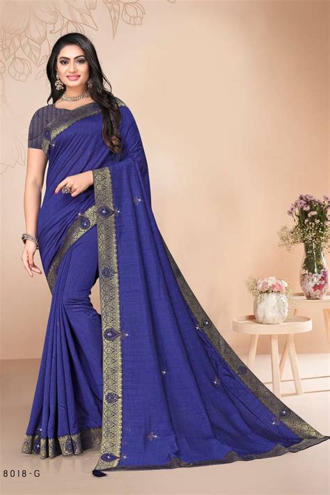 Indian Women Blue Vichitra Silk Lace With Stocne Work Designer Saree