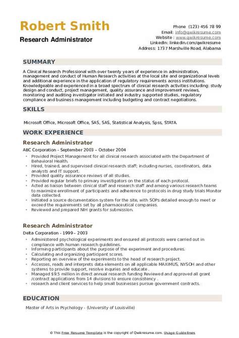 research administrator resume samples qwikresume