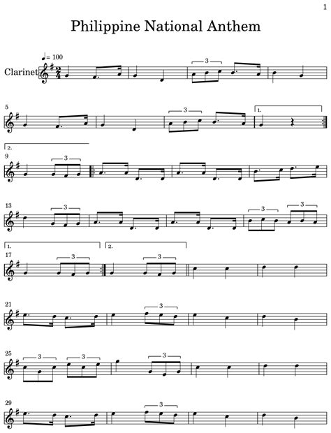 Philippine National Anthem Sheet Music For Clarinet