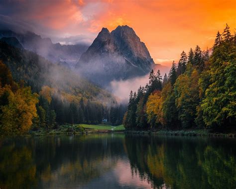 Lake Mountains Forest Germany Mist Sunset Fall Trees Water Sky