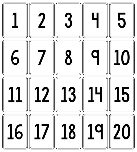 Number Flashcards Printable 1 20 Black And White Numbers Preschool