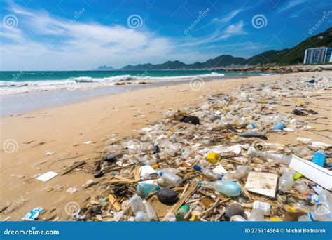 Beach Polluted With Garbage Litter And Plastic Waste Generative Ai