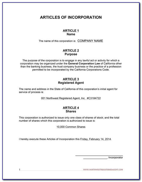 Free Template For Articles Of Incorporation