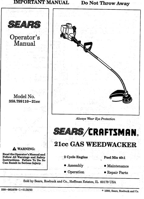 Craftsman 358799110 User Manual Weedwacker Manuals And Guides L0904589